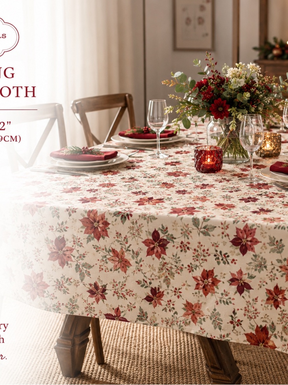 St. Nicholas Square Red and Green Poinsettia Holiday Tablecloth